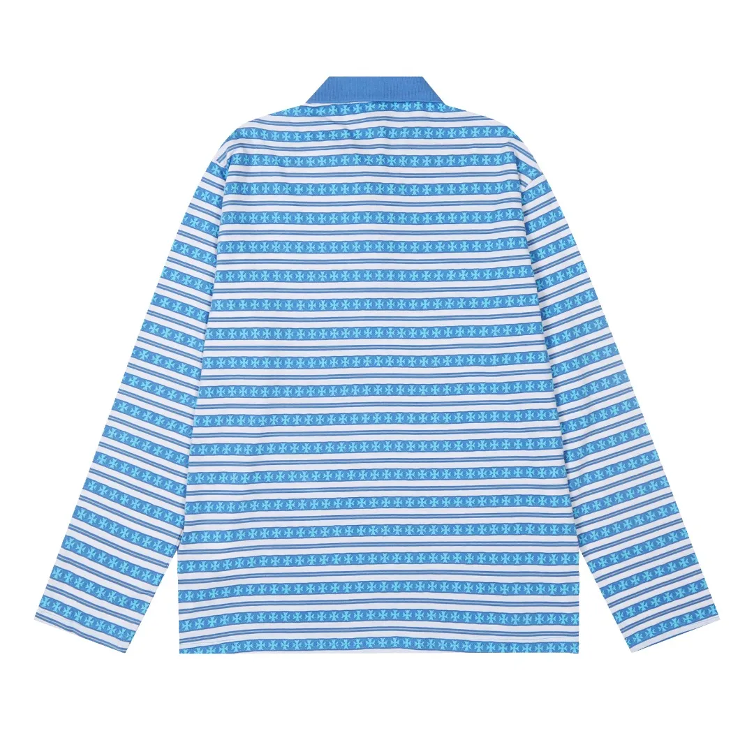 P210 White background picture [Popular item] Code: 25020# Color: Black/Pink/Blue Size: S to - CH Croix heart niche design cross jacquard striped long sleeves brings striped Polo to Next Levels. Loose fit. Same style for men and women. Lazy and casual. Street style. Three colors. Customized style.
